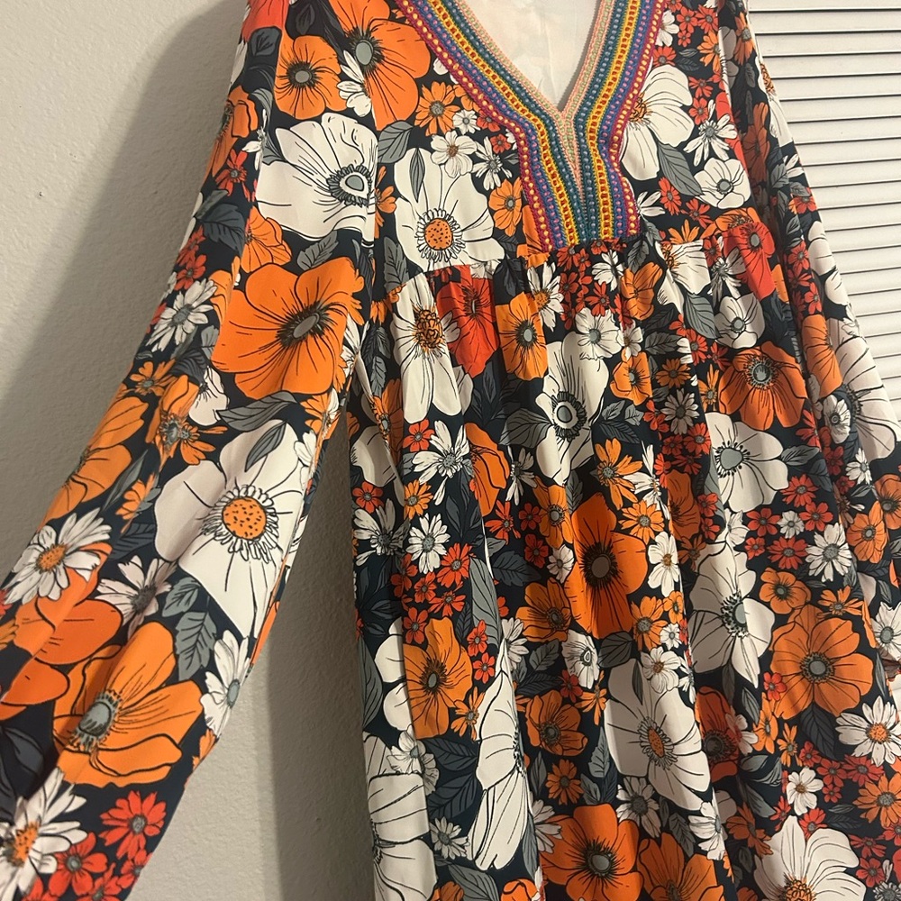 Floral V-Neck Dress with Long Sleeves - Picture 2 of 3